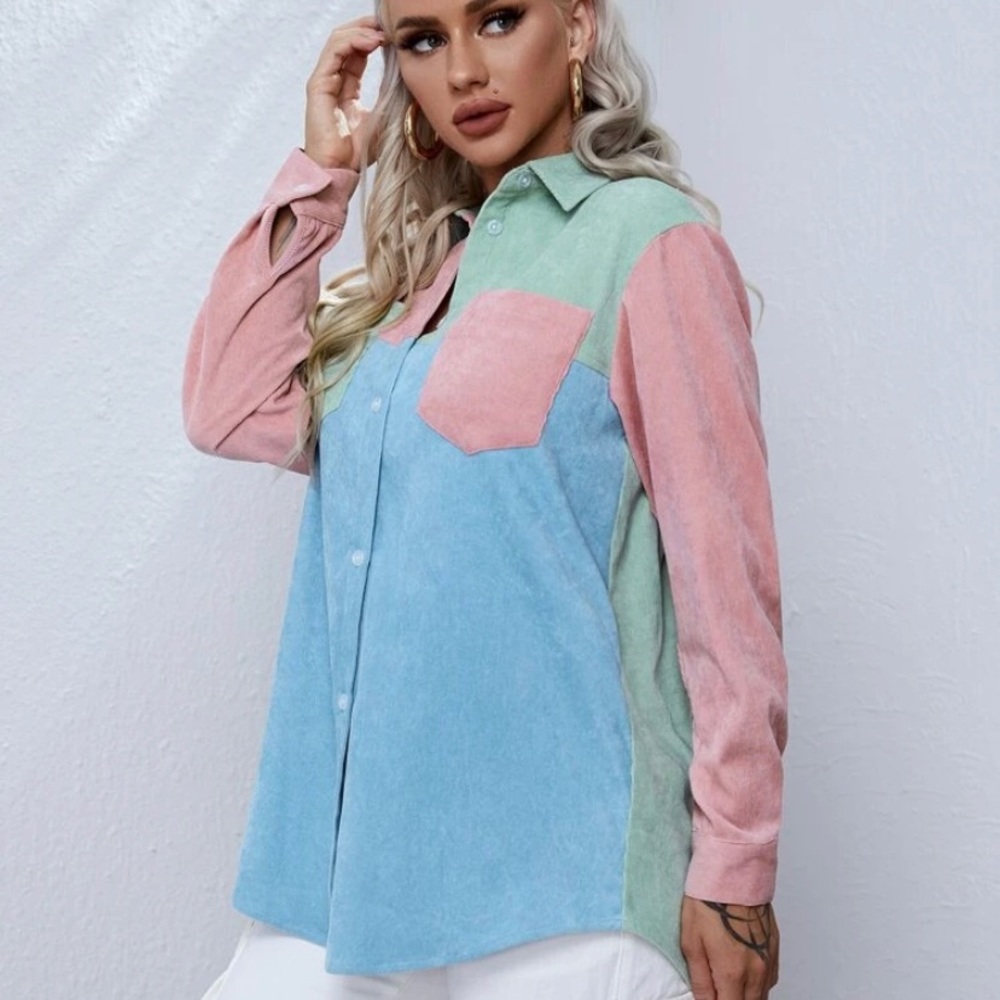 Shein Colorblock Button Front Patch Pocket Shirt